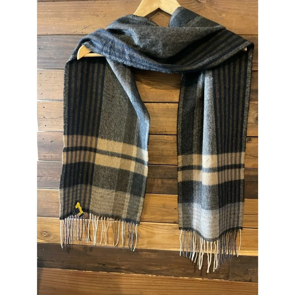 100% Cashmere Club Room Plaid Scarf‎ Black Brown Tan Fringed Soft Warm Luxury